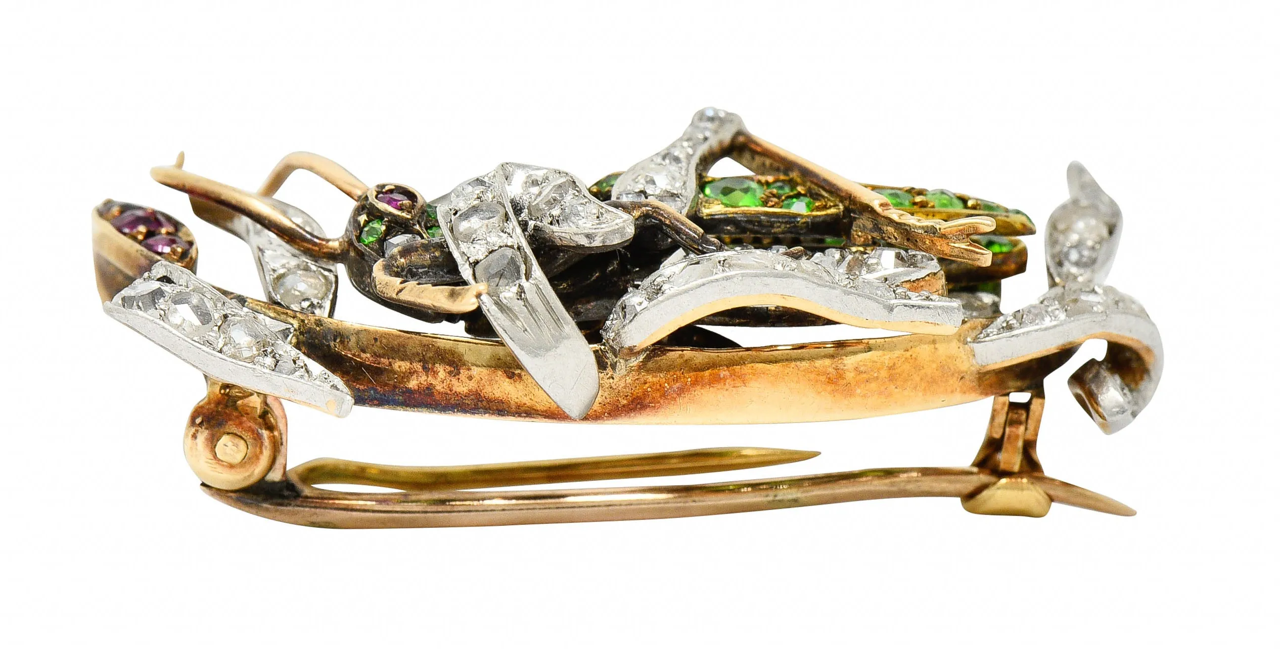 1900 Victorian Ruby Diamond Demantoid Garnet Platinum-Topped 14 Karat Gold Grasshopper Brooch