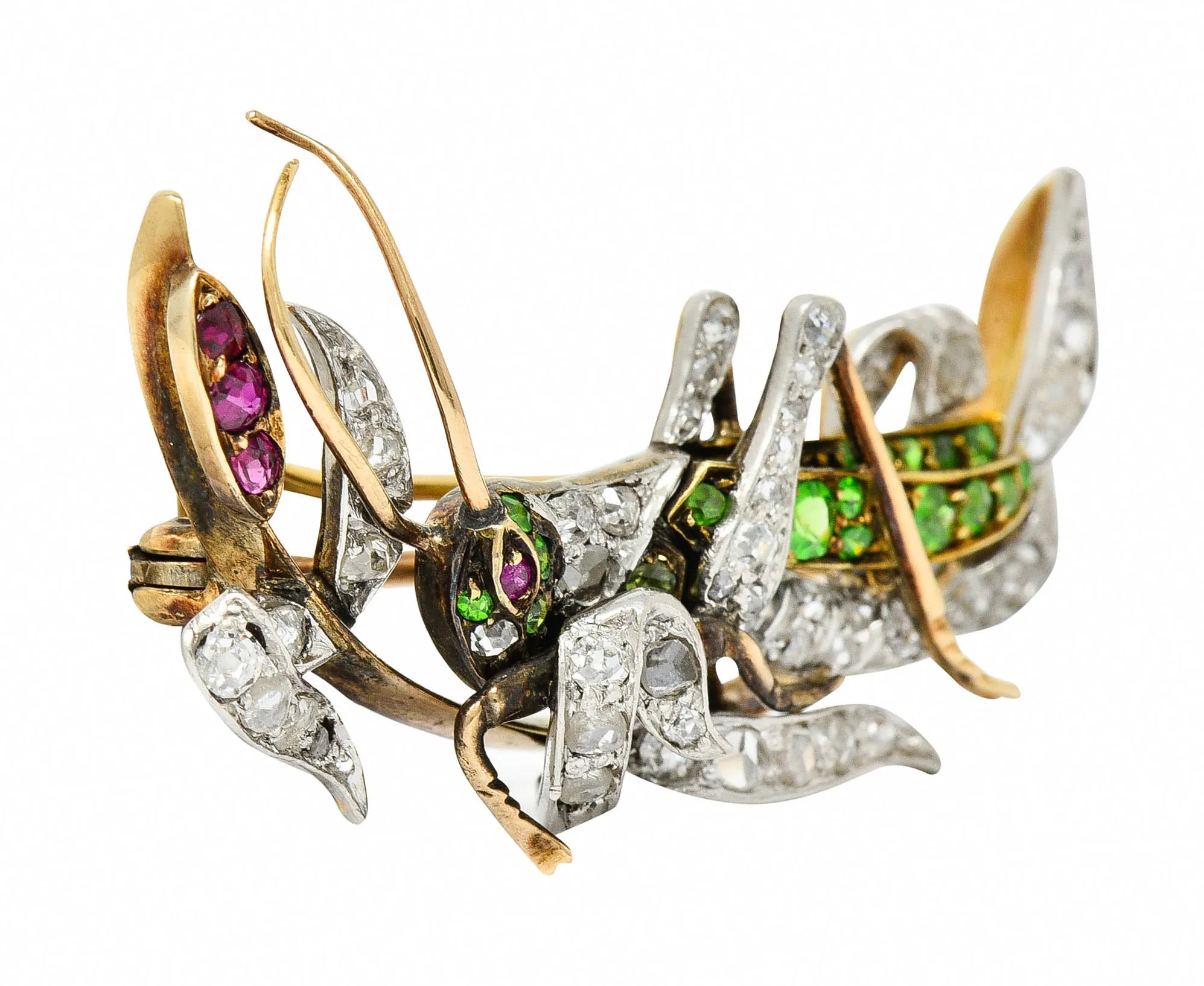 1900 Victorian Ruby Diamond Demantoid Garnet Platinum-Topped 14 Karat Gold Grasshopper Brooch