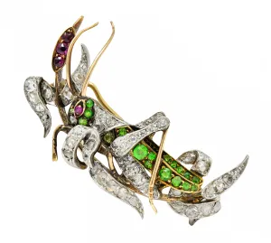 1900 Victorian Ruby Diamond Demantoid Garnet Platinum-Topped 14 Karat Gold Grasshopper Brooch