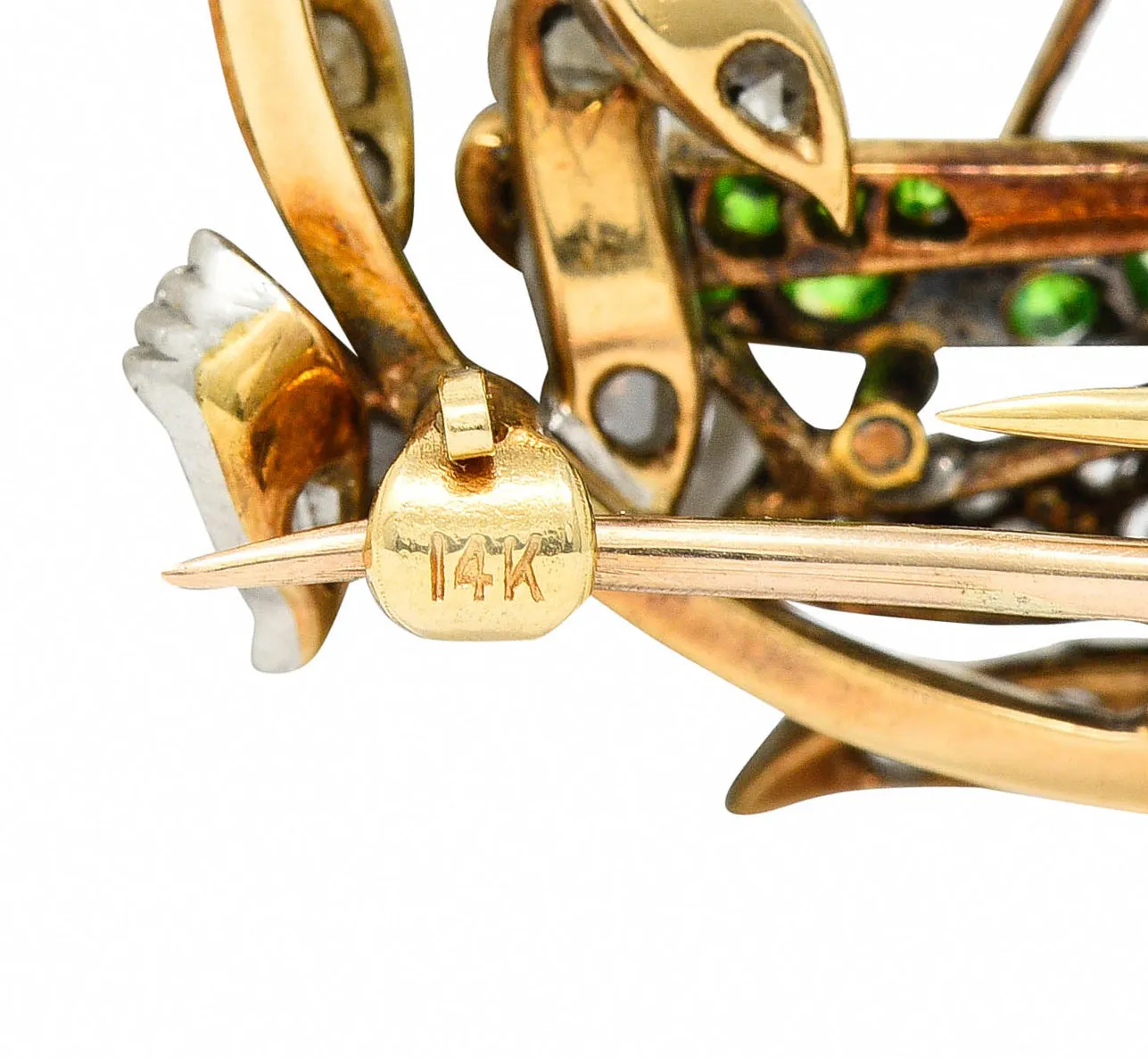 1900 Victorian Ruby Diamond Demantoid Garnet Platinum-Topped 14 Karat Gold Grasshopper Brooch