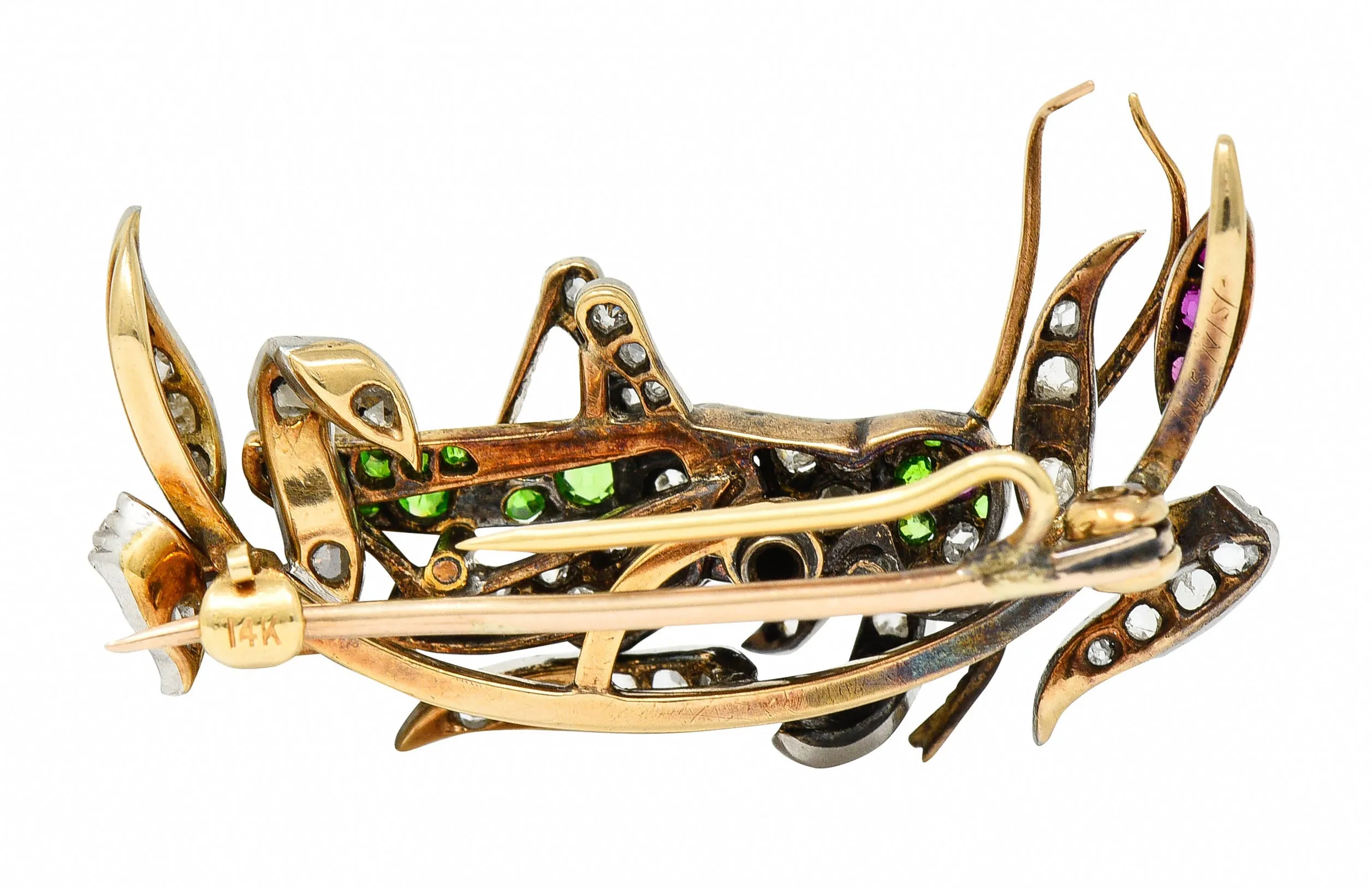 1900 Victorian Ruby Diamond Demantoid Garnet Platinum-Topped 14 Karat Gold Grasshopper Brooch