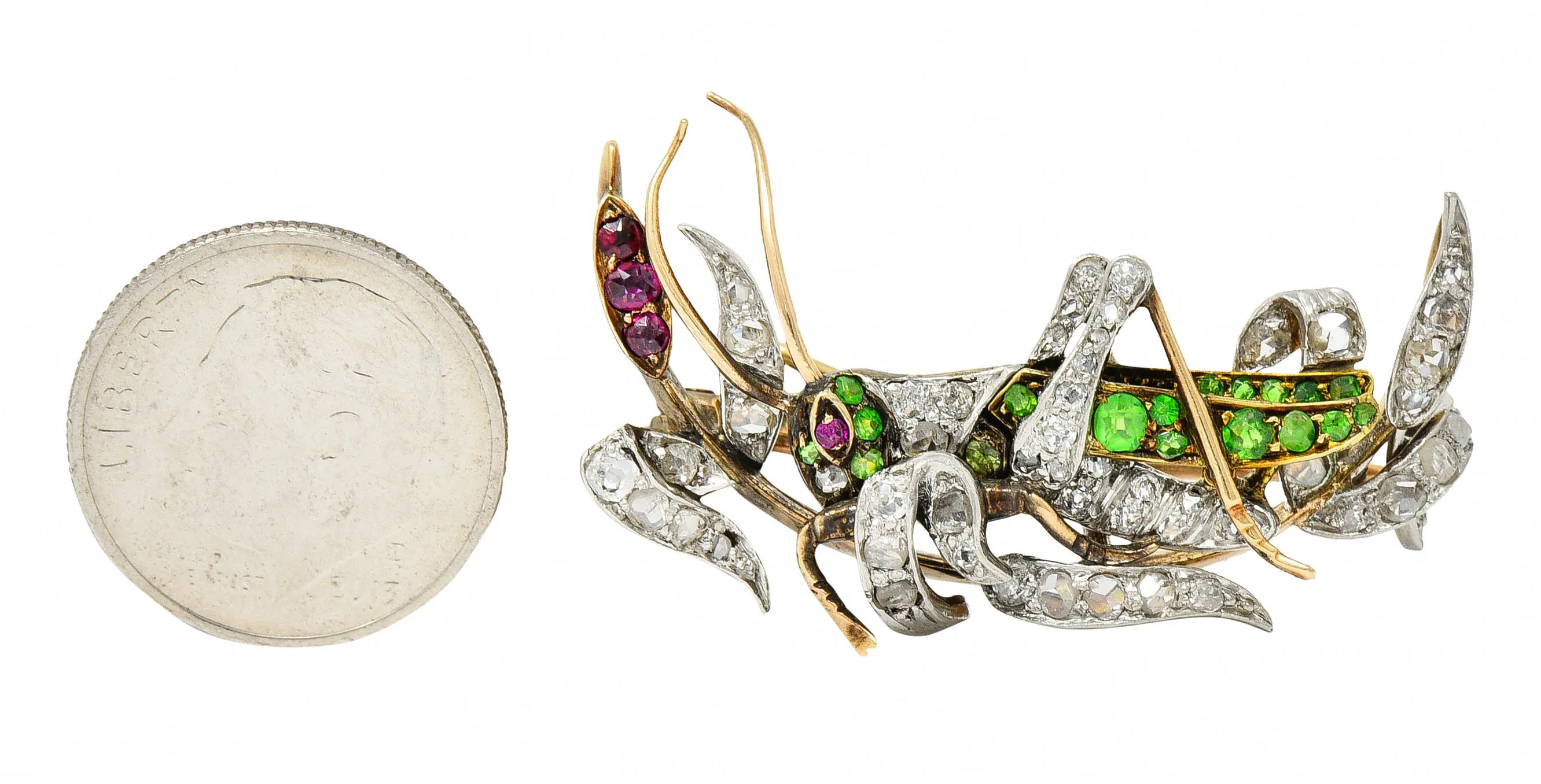 1900 Victorian Ruby Diamond Demantoid Garnet Platinum-Topped 14 Karat Gold Grasshopper Brooch