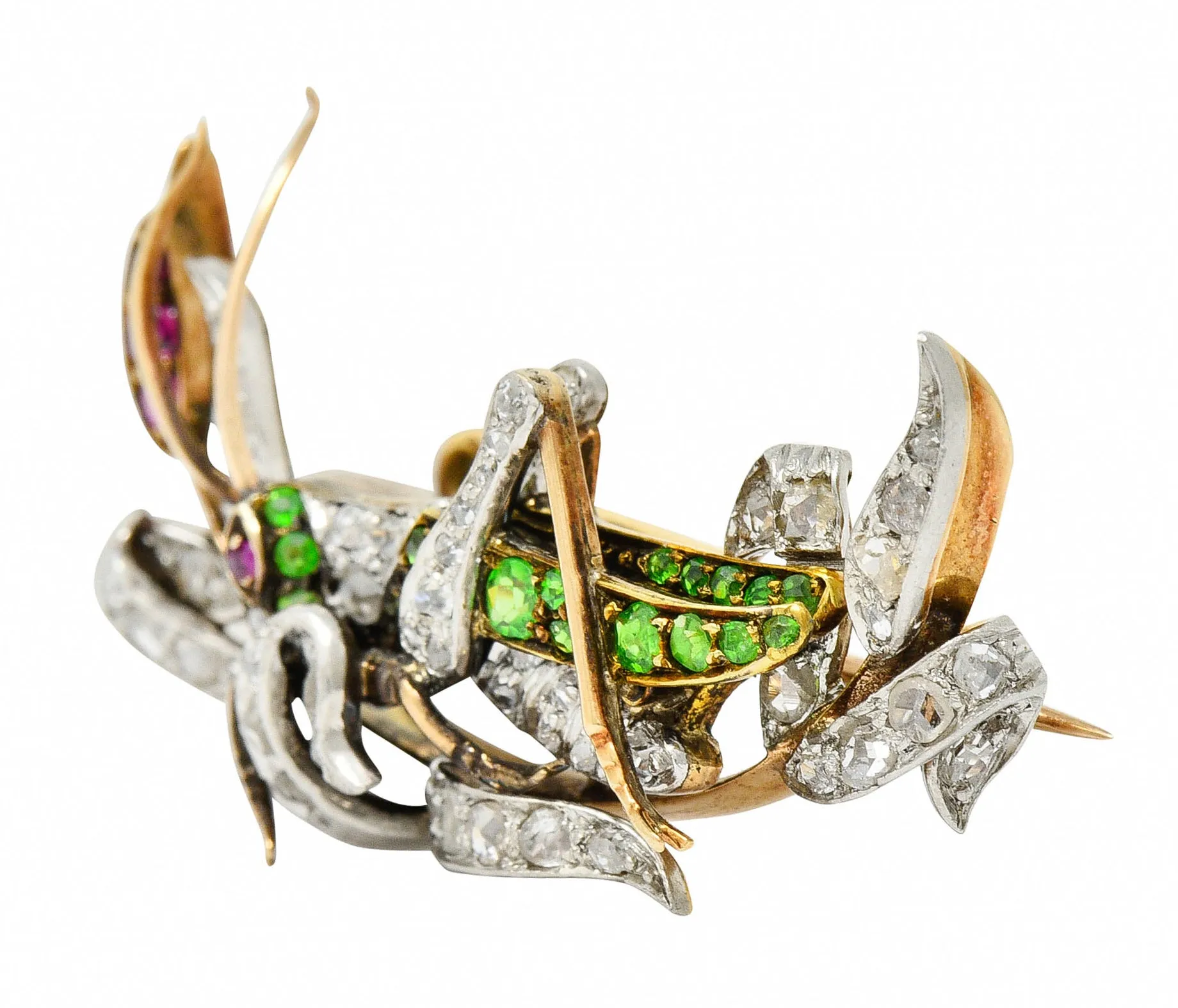 1900 Victorian Ruby Diamond Demantoid Garnet Platinum-Topped 14 Karat Gold Grasshopper Brooch
