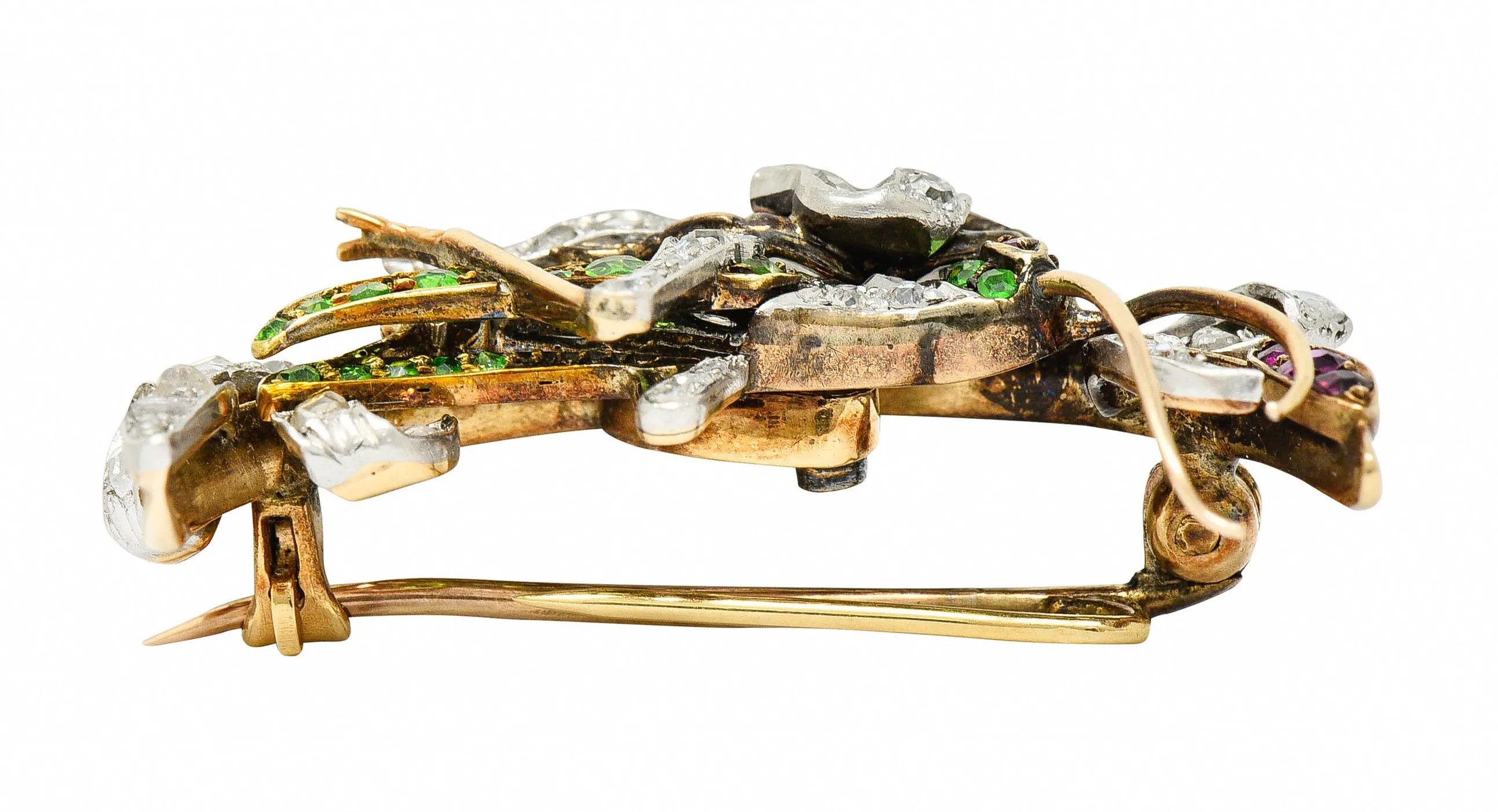 1900 Victorian Ruby Diamond Demantoid Garnet Platinum-Topped 14 Karat Gold Grasshopper Brooch