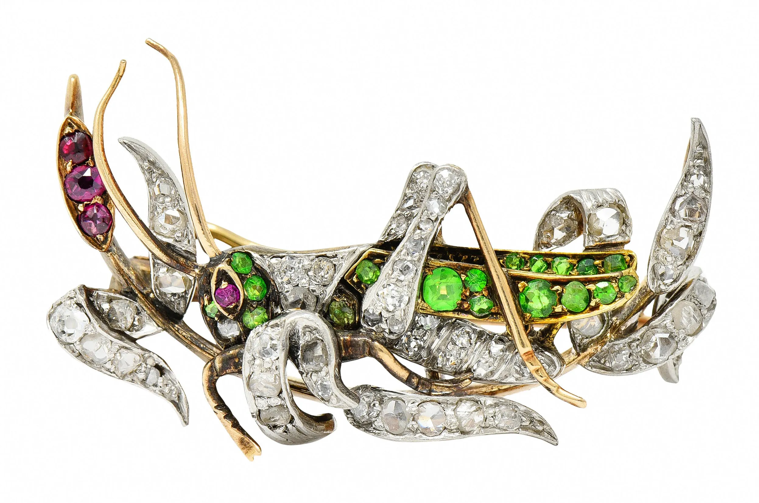 1900 Victorian Ruby Diamond Demantoid Garnet Platinum-Topped 14 Karat Gold Grasshopper Brooch