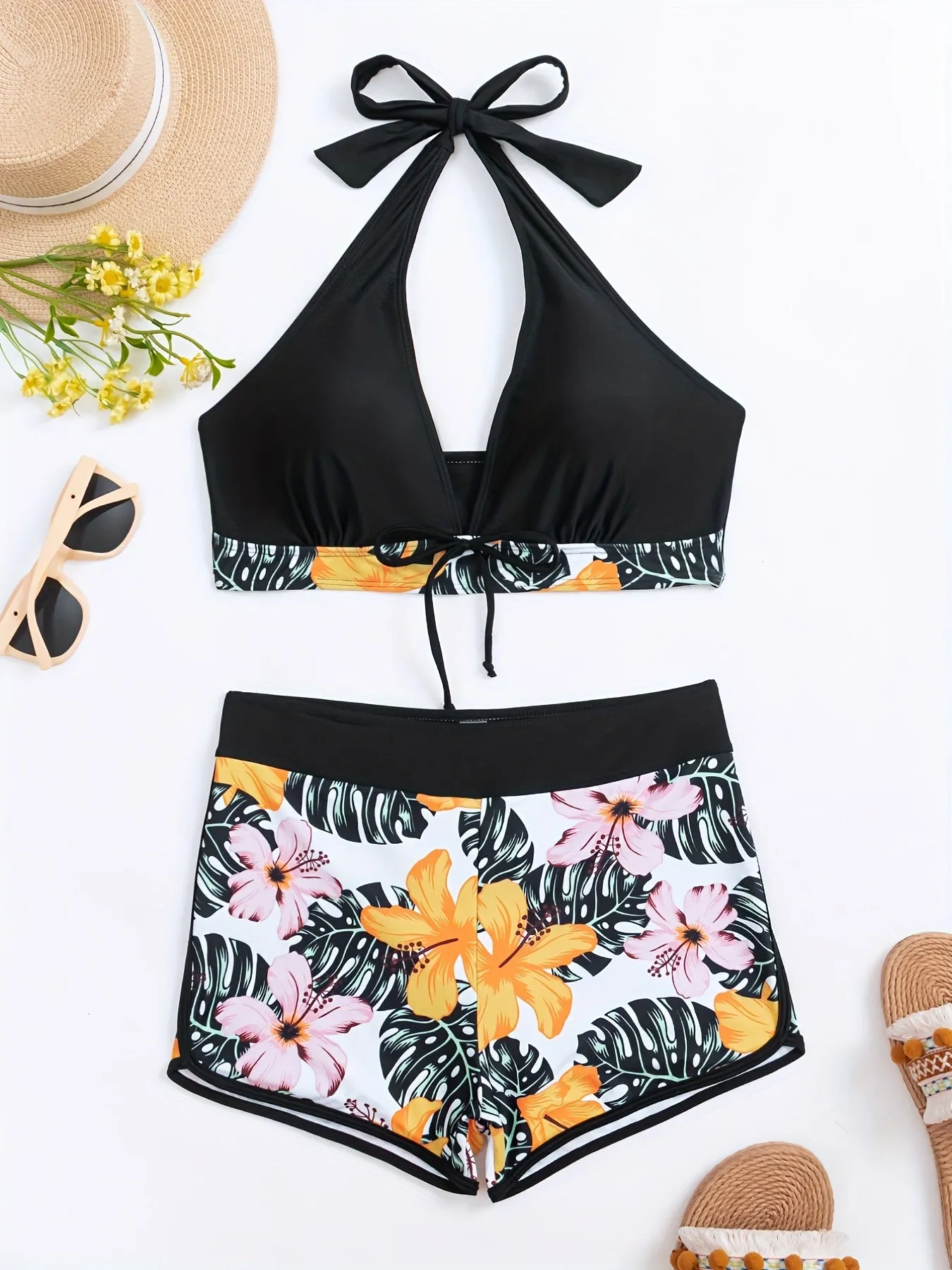 2 Piece Floral Print Bow Halter Bikini Set - Backless Tie Neck High Waist Swimsuits with Adjustable Straps and Padded Cups - Women's Swimwear & Clothing for Summer Beach Vacation