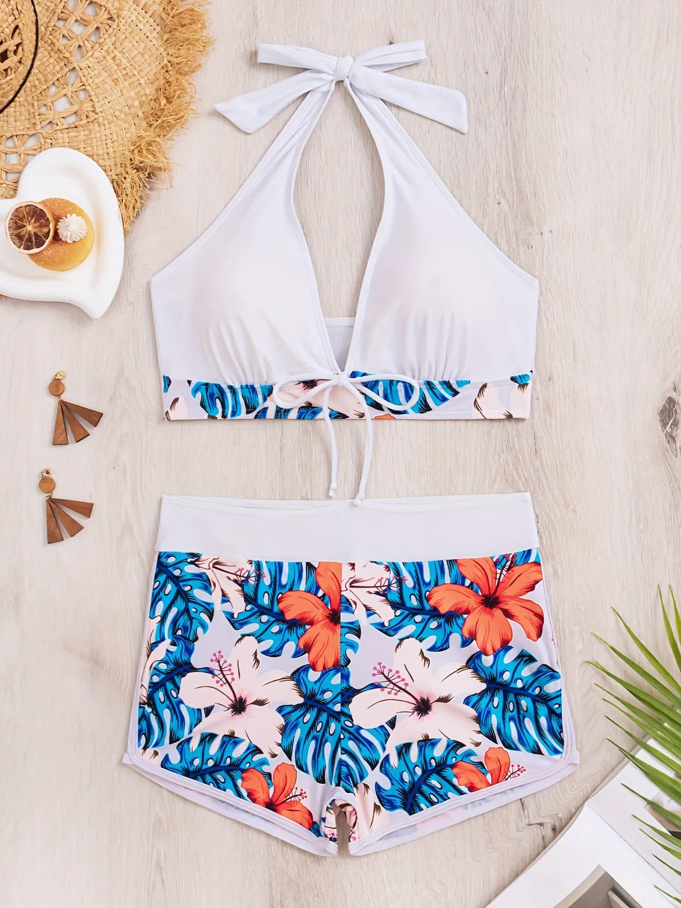 2 Piece Floral Print Bow Halter Bikini Set - Backless Tie Neck High Waist Swimsuits with Adjustable Straps and Padded Cups - Women's Swimwear & Clothing for Summer Beach Vacation