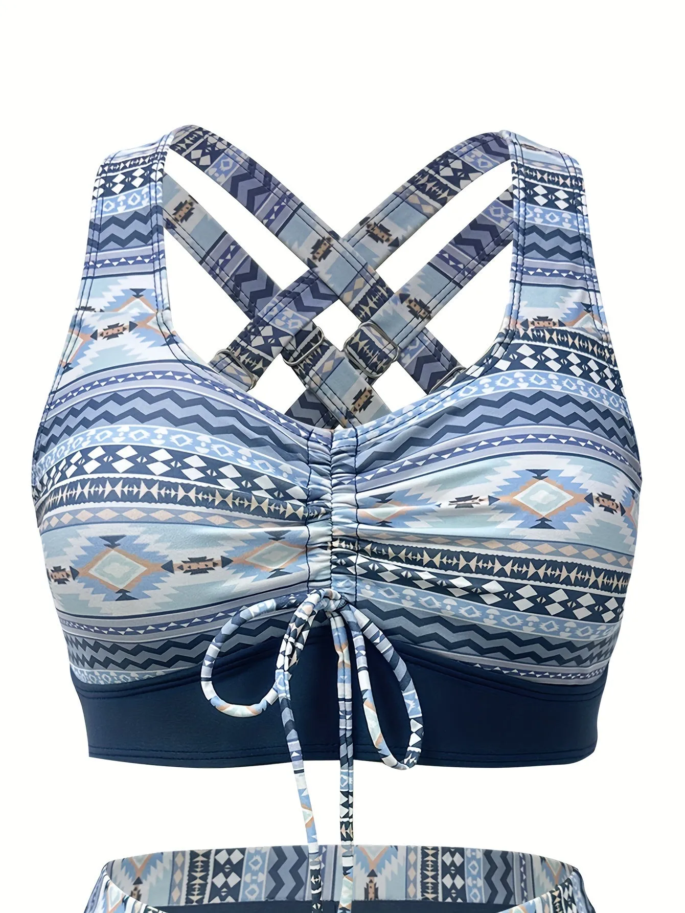 2 Piece Tribal Geometric Print Bikini Set - Square Neck, Cross Strape, High Stretch, Polyester, Random Printing, Knit Fabric, Comfortable and Stylish Womens Swimwear for Summer