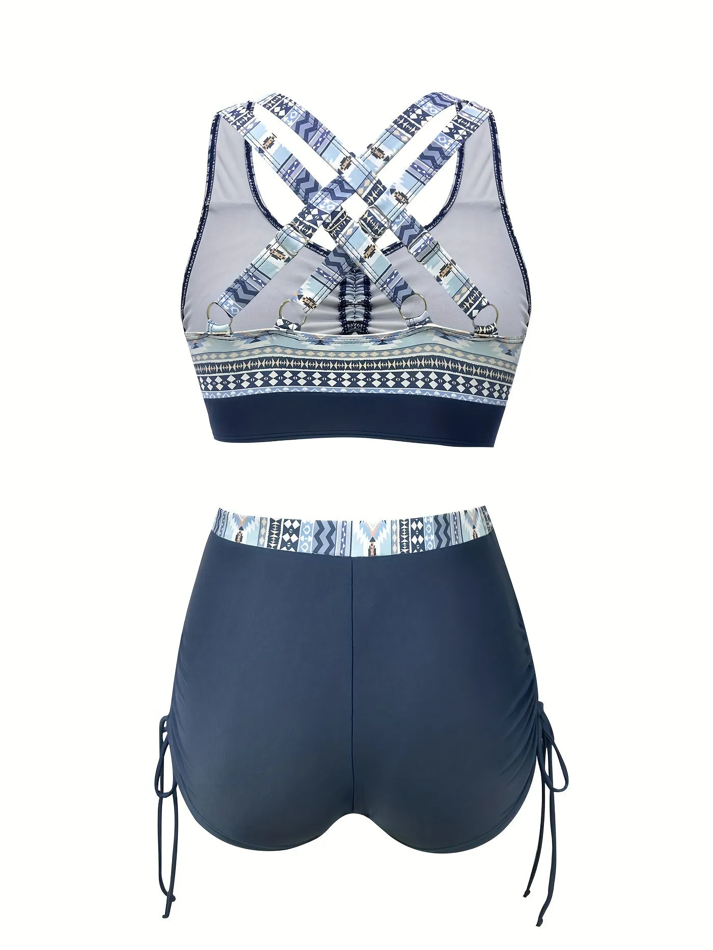 2 Piece Tribal Geometric Print Bikini Set - Square Neck, Cross Strape, High Stretch, Polyester, Random Printing, Knit Fabric, Comfortable and Stylish Womens Swimwear for Summer