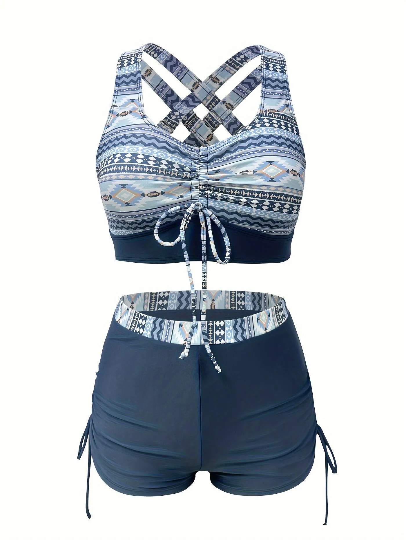 2 Piece Tribal Geometric Print Bikini Set - Square Neck, Cross Strape, High Stretch, Polyester, Random Printing, Knit Fabric, Comfortable and Stylish Womens Swimwear for Summer