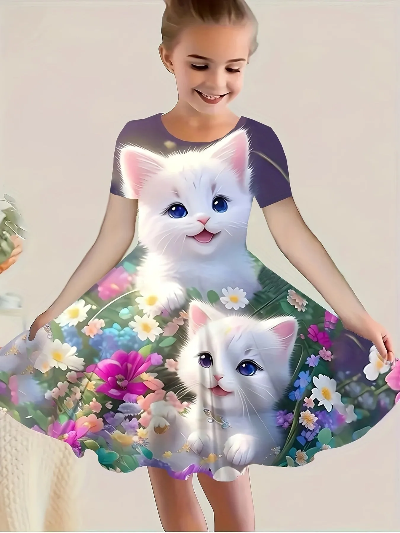 3D Cat Print Girls Dress - Short Sleeve Casual Crew Neck - Adorable Summer Fashion with Fun Prints - Comfortable & Lightweight, Perfect Gift for Little Fashionistas