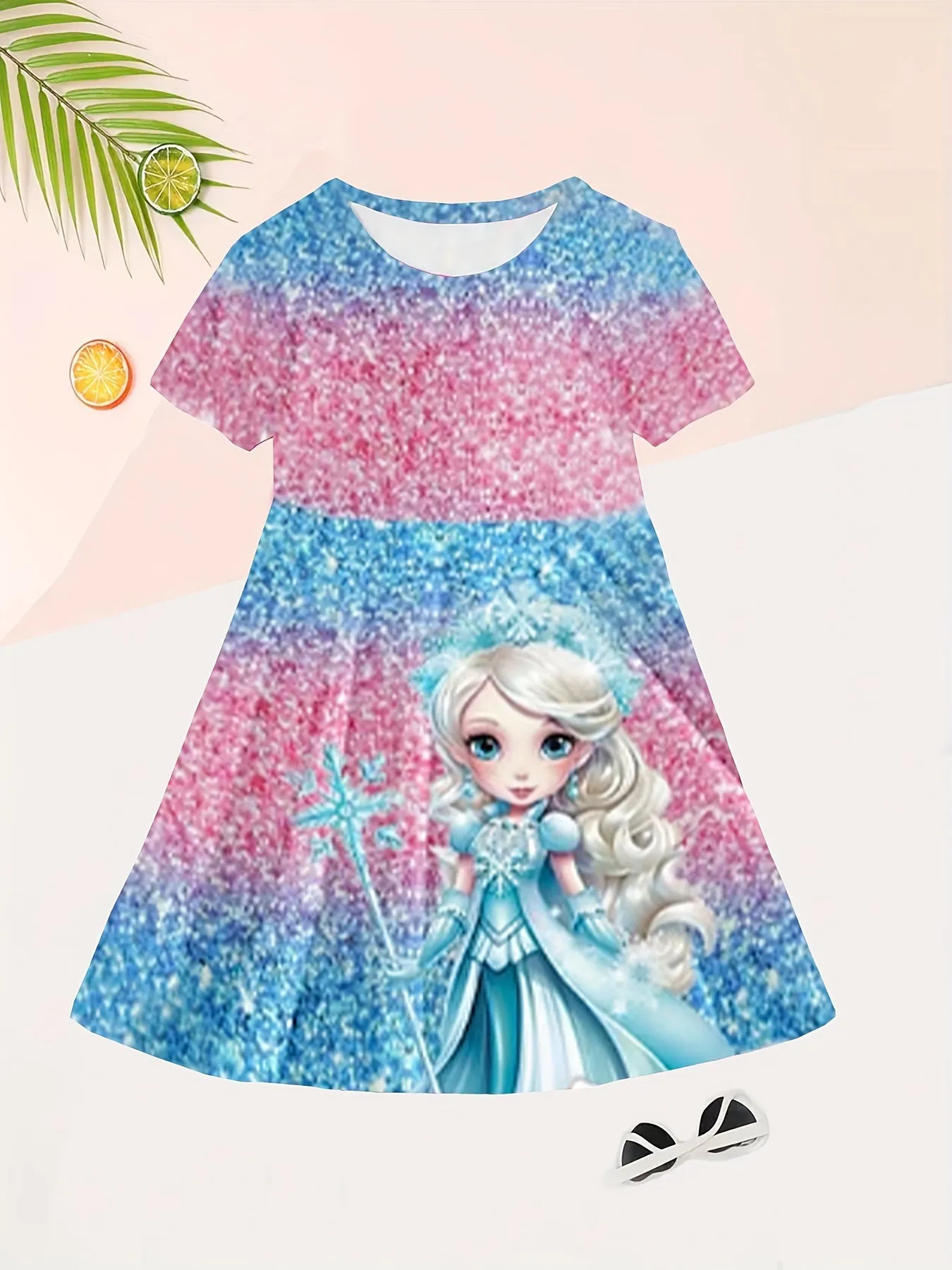 3D Digital Princess Graphic Fit and Flare Short Sleeve Dress for Girls - Vibrant All Over Print, Medium Stretch Jersey Material, Regular Fit, Casual Style - Perfect for Spring, Summer, and Fall Holidays