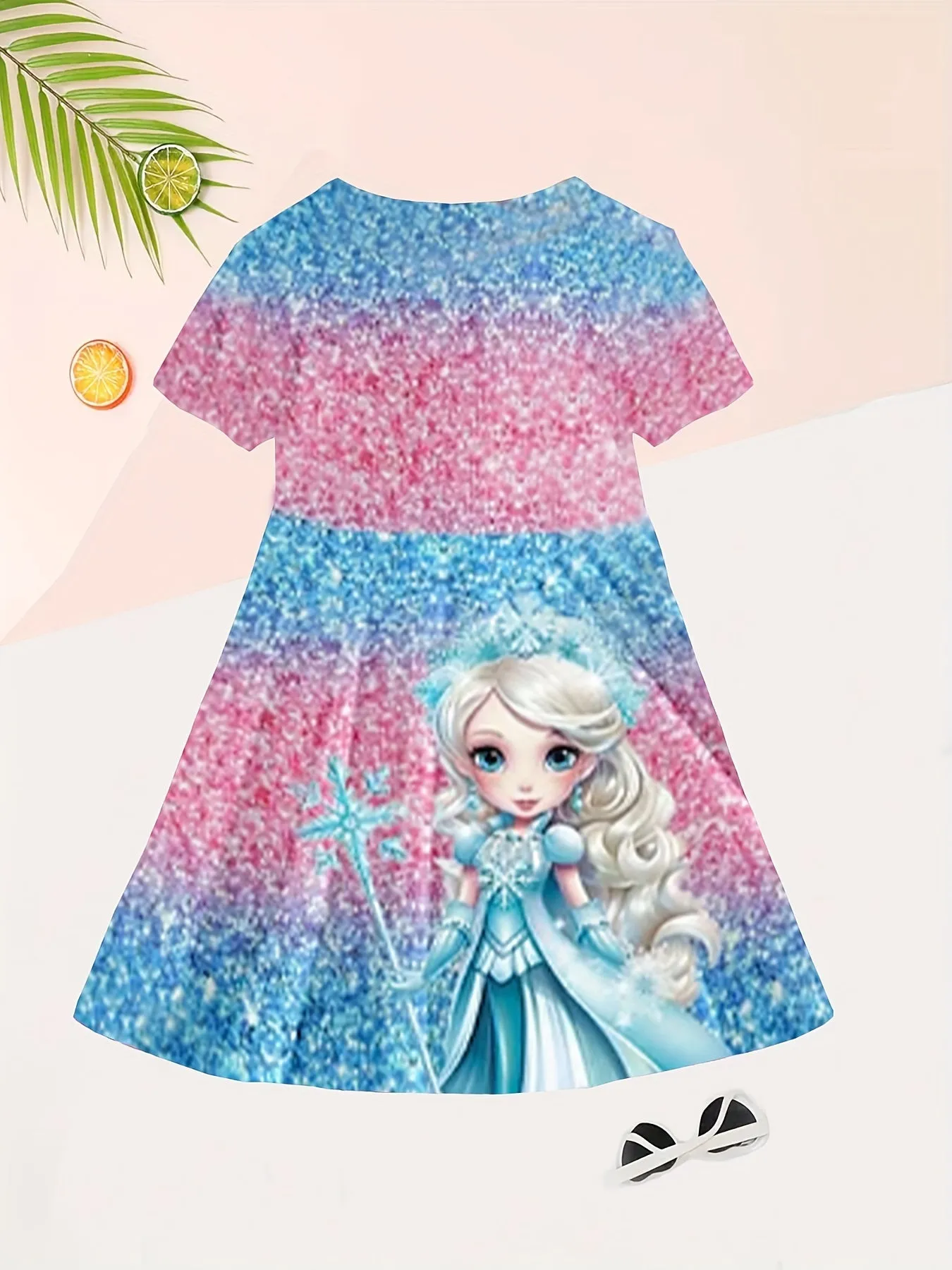 3D Digital Princess Graphic Fit and Flare Short Sleeve Dress for Girls - Vibrant All Over Print, Medium Stretch Jersey Material, Regular Fit, Casual Style - Perfect for Spring, Summer, and Fall Holidays