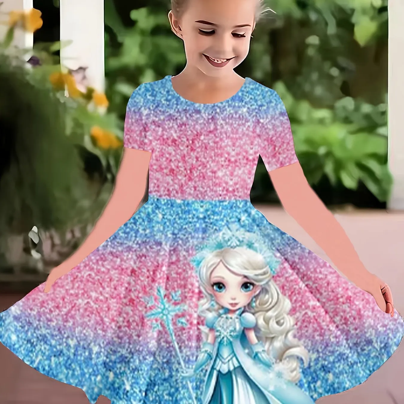 3D Digital Princess Graphic Fit and Flare Short Sleeve Dress for Girls - Vibrant All Over Print, Medium Stretch Jersey Material, Regular Fit, Casual Style - Perfect for Spring, Summer, and Fall Holidays