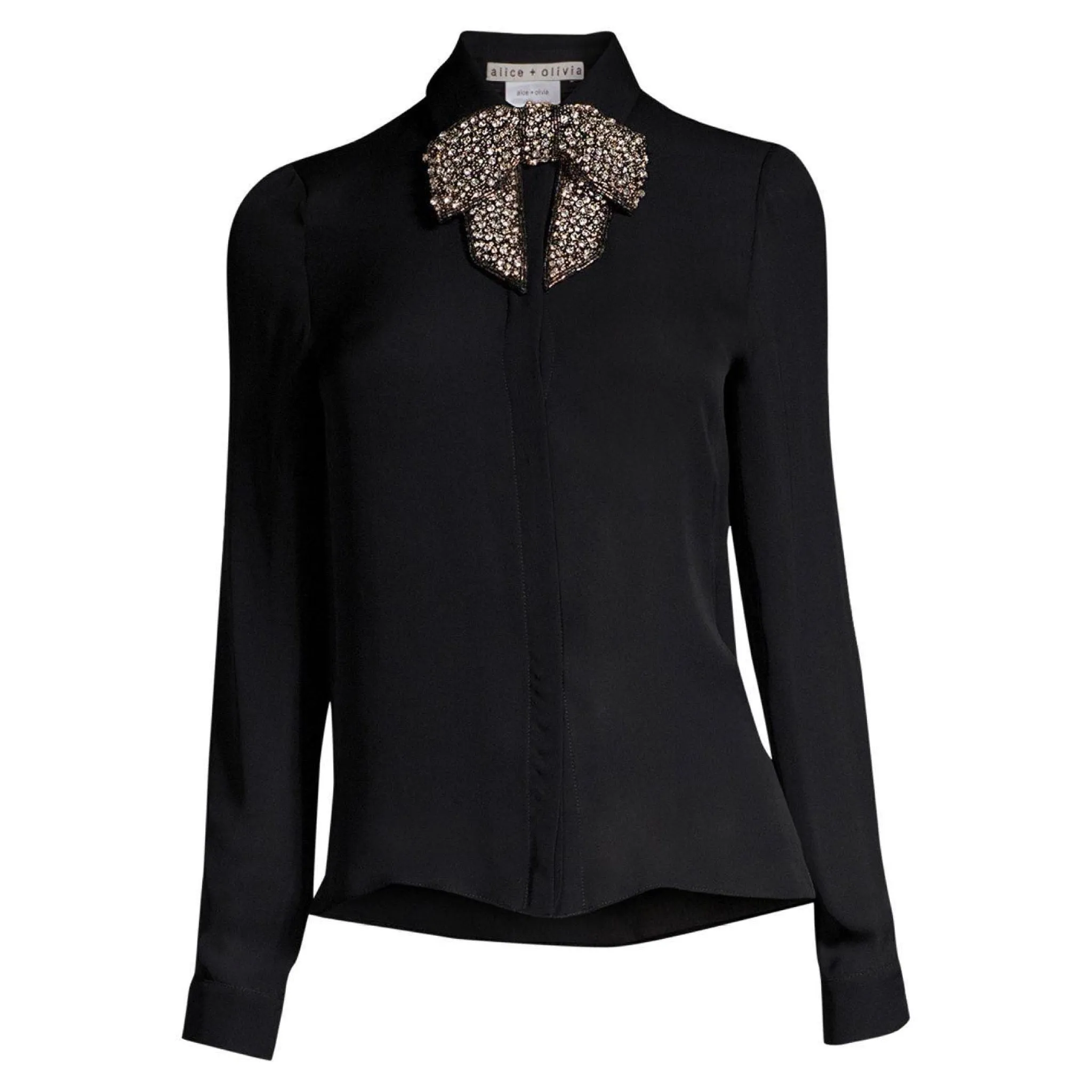 ALICE   OLIVIA Willa Embellished Bow Black Blouse