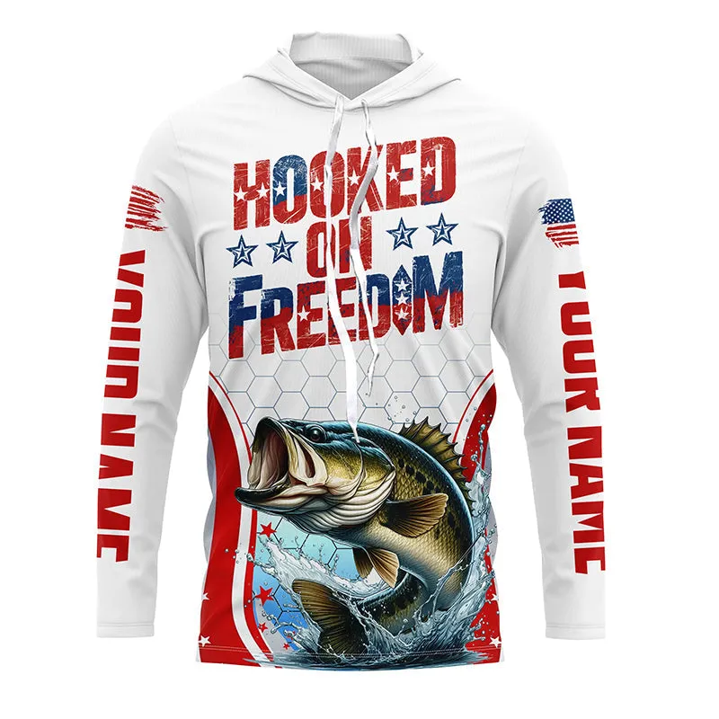 American Flag Bass Custom Long Sleeve Fishing Shirts, Hooked On Freedom Patriotic Fishing Jerseys IPHW6812