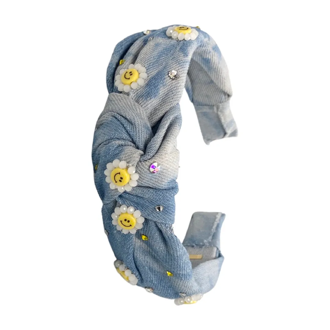 Bari Lynn 3D Daisy Denim Headband with Crystals