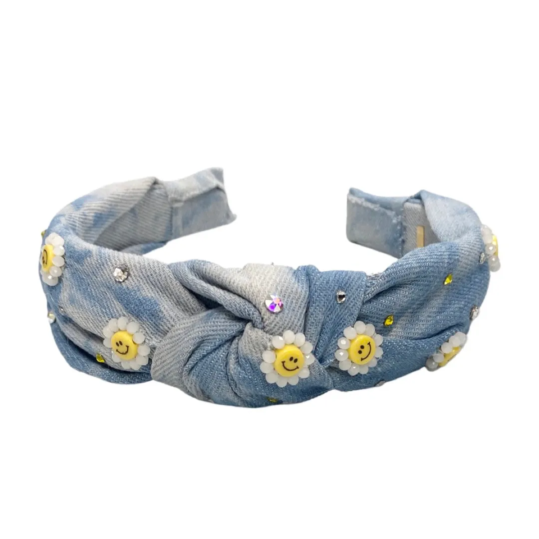 Bari Lynn 3D Daisy Denim Headband with Crystals