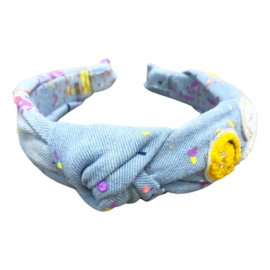 Bari Lynn Splatter Paint Denim Headband with Crystals - Smiley & Heart