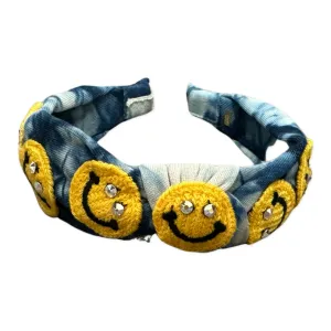 Bari Lynn Tie Dye Smiley Face Patch Knot Headband with Crystals - Blue
