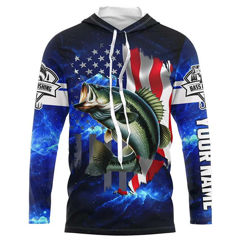 Bass Fishing 3D American Flag patriotic blue galaxy Custom UV protection long sleeve Fishing Shirts NQS5397