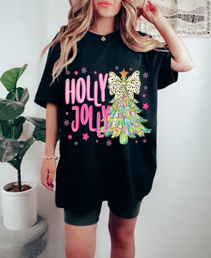 Black Bella Canvas or Comfort Colors Holly Jolly Christmas Tree Tee/ Direct To Film Transferred Faux Glitter Tee/ Youth and Adult Sizes