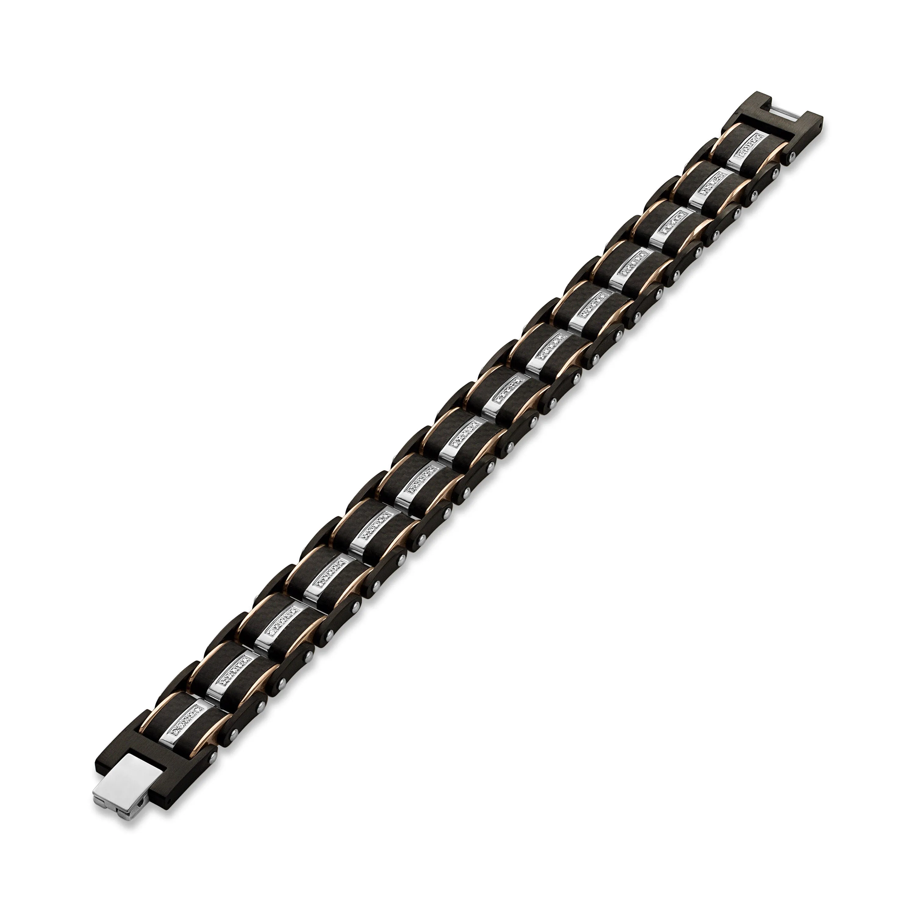 Black Carbon Fiber with Rose Toned Stainless Steel Link Bracelet and Diamond Accents, 8.50"