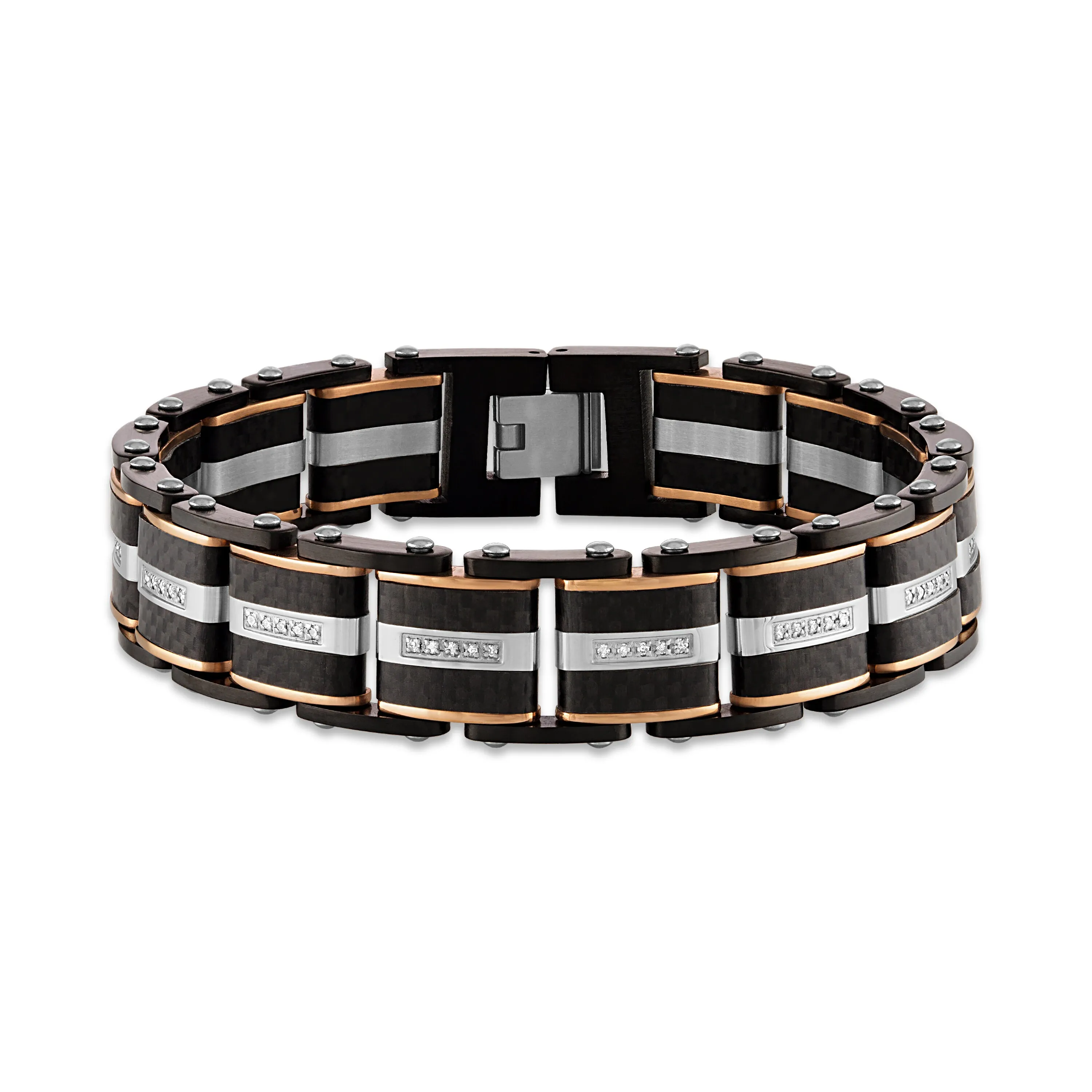 Black Carbon Fiber with Rose Toned Stainless Steel Link Bracelet and Diamond Accents, 8.50"