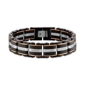 Black Carbon Fiber with Rose Toned Stainless Steel Link Bracelet and Diamond Accents, 8.50"