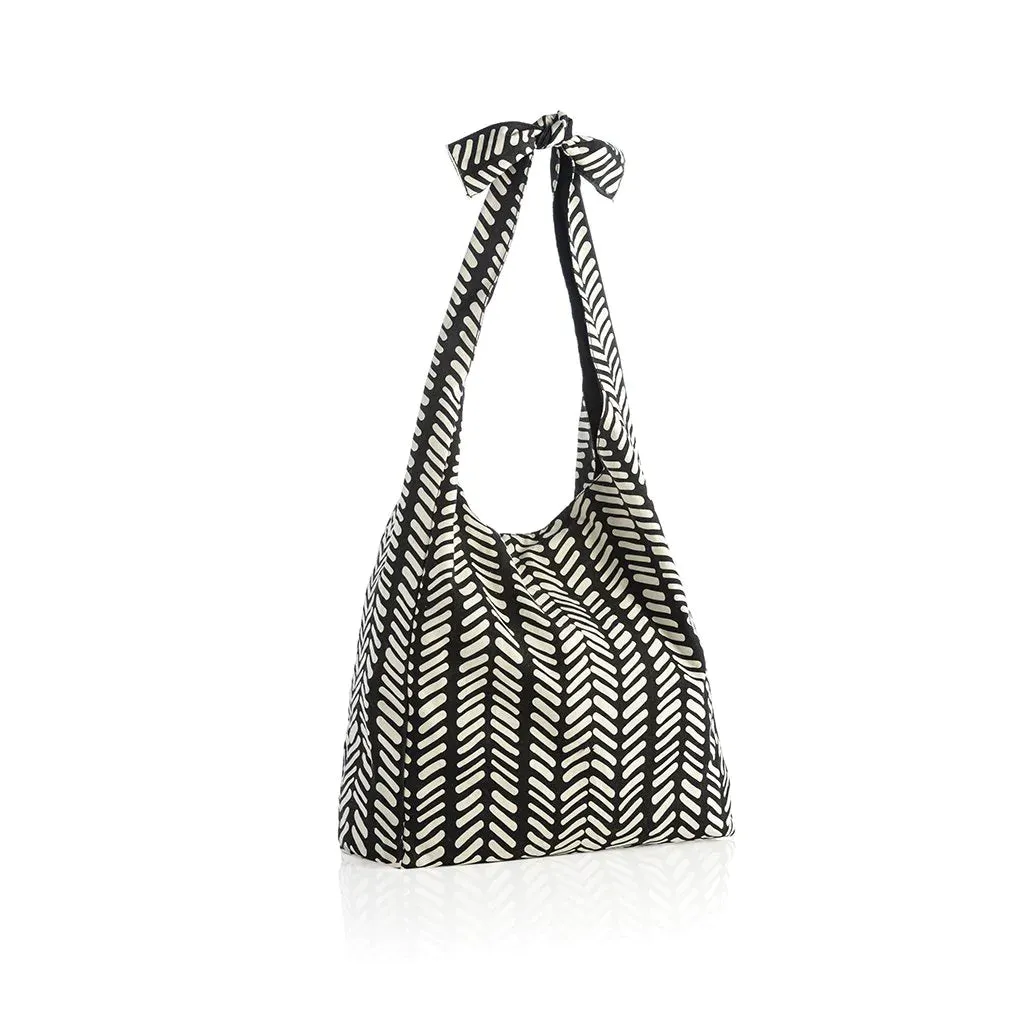 black patterned hobo bag