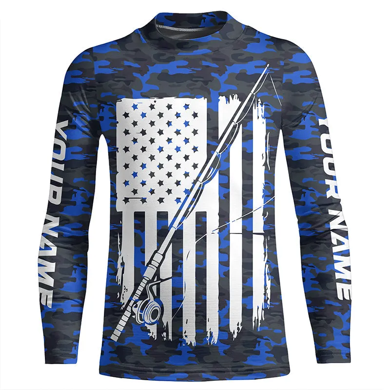 Blue Camo Us Fishing Rod American Flag Custom Patriotic Long Sleeve Fishing Shirts Fishing Gifts IPHW7353