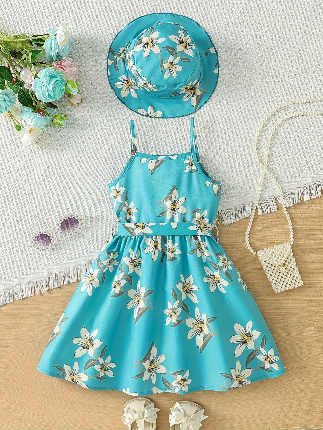 Blue Floral Glamour Dress & Hat Ensemble - Flowy Vacation Ready Slip Dress for Effortless Summer Style - Perfect Holiday Gift
