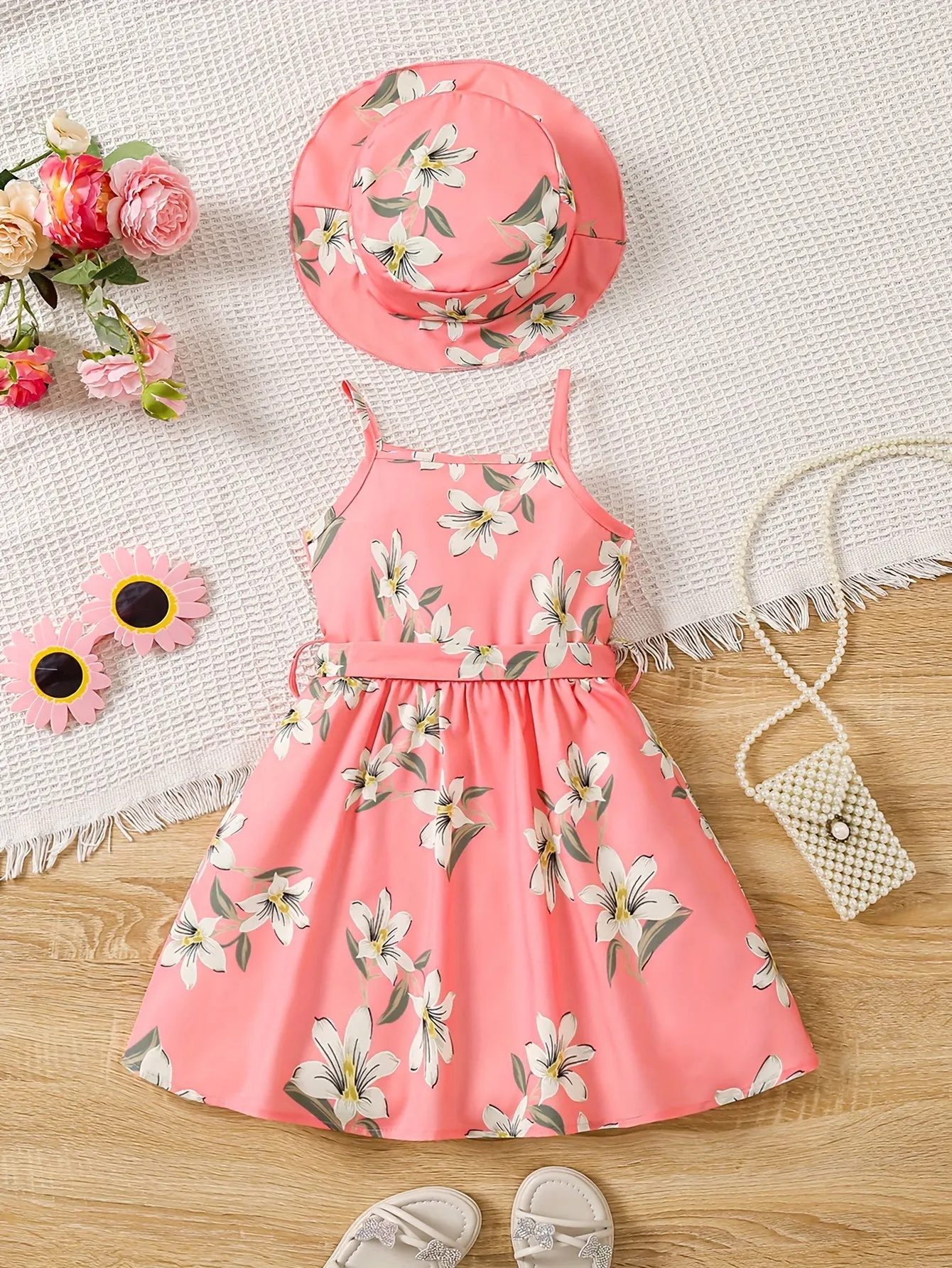 Blue Floral Glamour Dress & Hat Ensemble - Flowy Vacation Ready Slip Dress for Effortless Summer Style - Perfect Holiday Gift