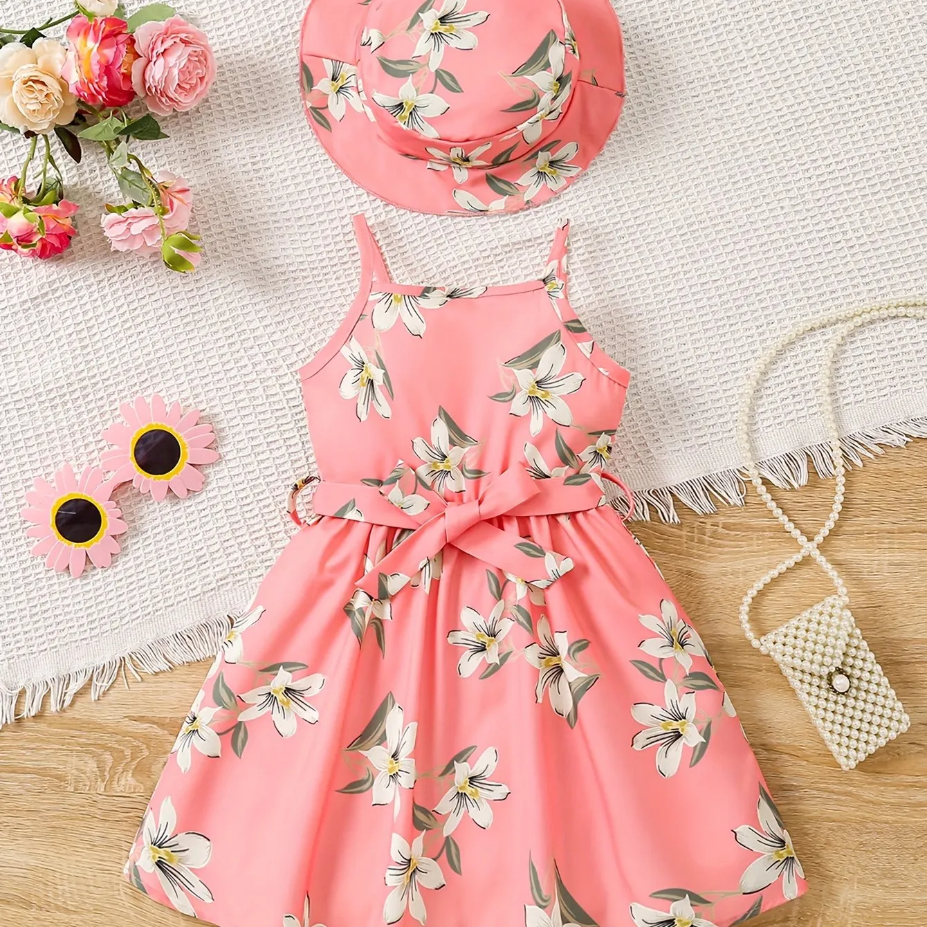 Blue Floral Glamour Dress & Hat Ensemble - Flowy Vacation Ready Slip Dress for Effortless Summer Style - Perfect Holiday Gift