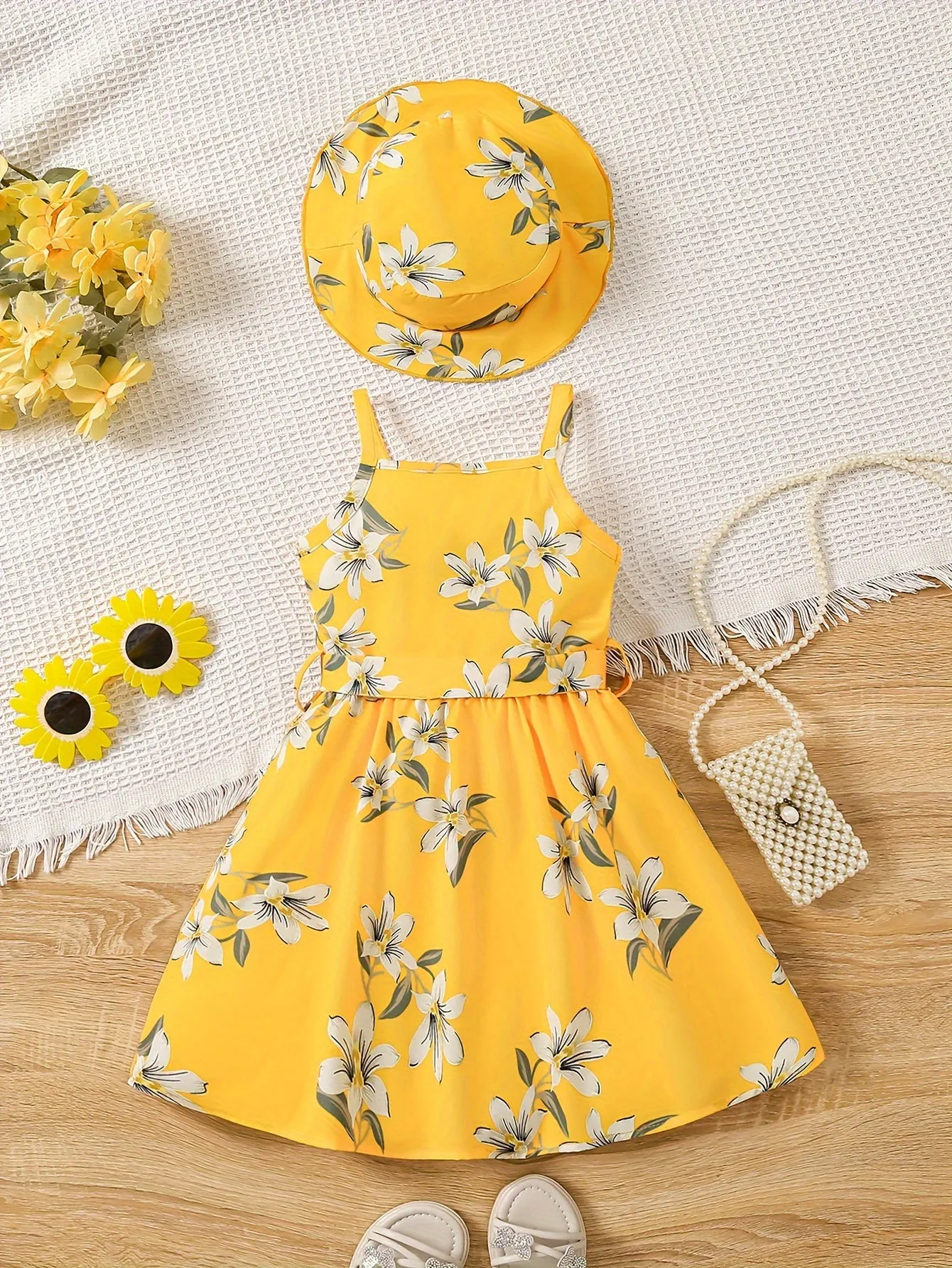 Blue Floral Glamour Dress & Hat Ensemble - Flowy Vacation Ready Slip Dress for Effortless Summer Style - Perfect Holiday Gift