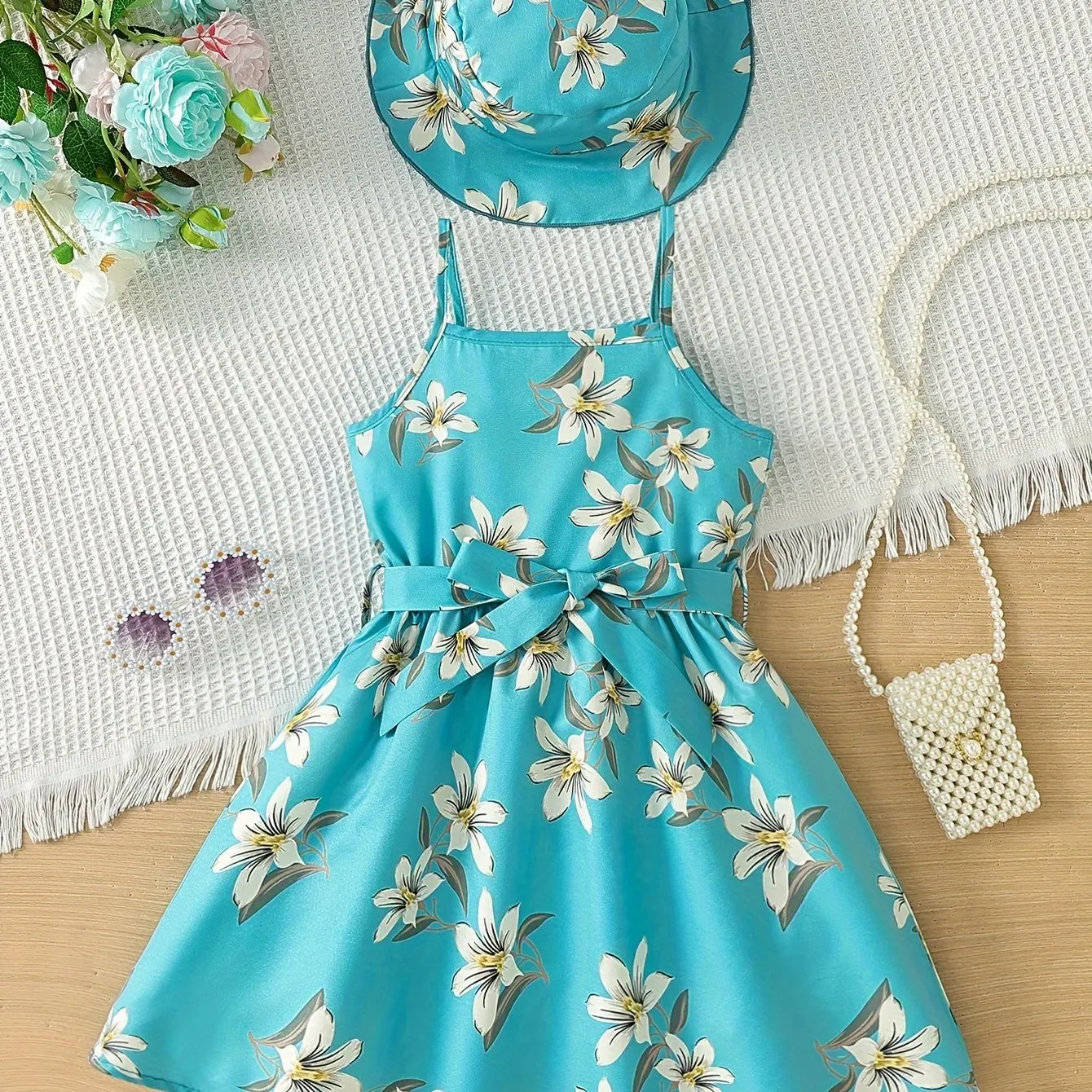 Blue Floral Glamour Dress & Hat Ensemble - Flowy Vacation Ready Slip Dress for Effortless Summer Style - Perfect Holiday Gift
