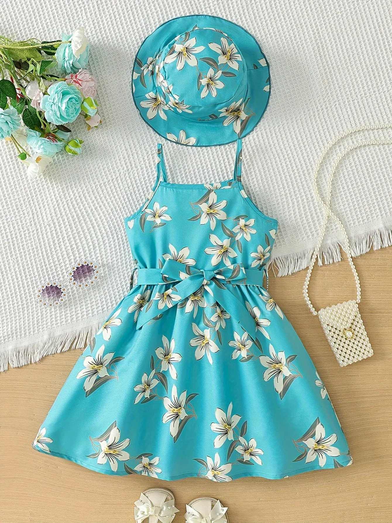 Blue Floral Glamour Dress & Hat Ensemble - Flowy Vacation Ready Slip Dress for Effortless Summer Style - Perfect Holiday Gift