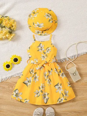 Blue Floral Glamour Dress & Hat Ensemble - Flowy Vacation Ready Slip Dress for Effortless Summer Style - Perfect Holiday Gift