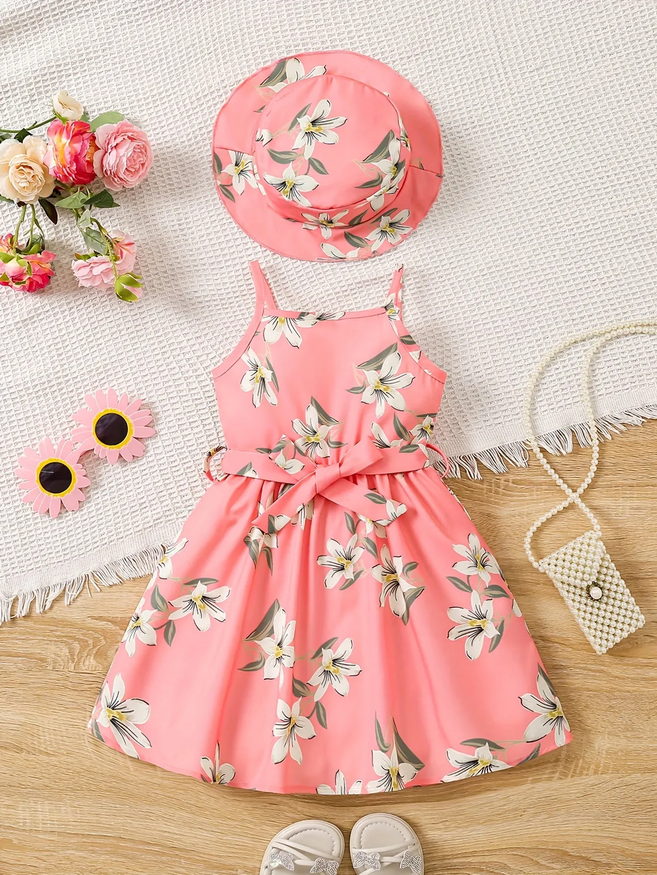 Blue Floral Glamour Dress & Hat Ensemble - Flowy Vacation Ready Slip Dress for Effortless Summer Style - Perfect Holiday Gift