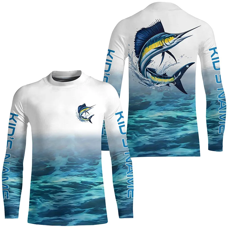 Blue Ocean Background Custom Sailfish Fishing Long Sleeve Shirts, Sailfish Saltwater Fishing Shirt IPHW7025