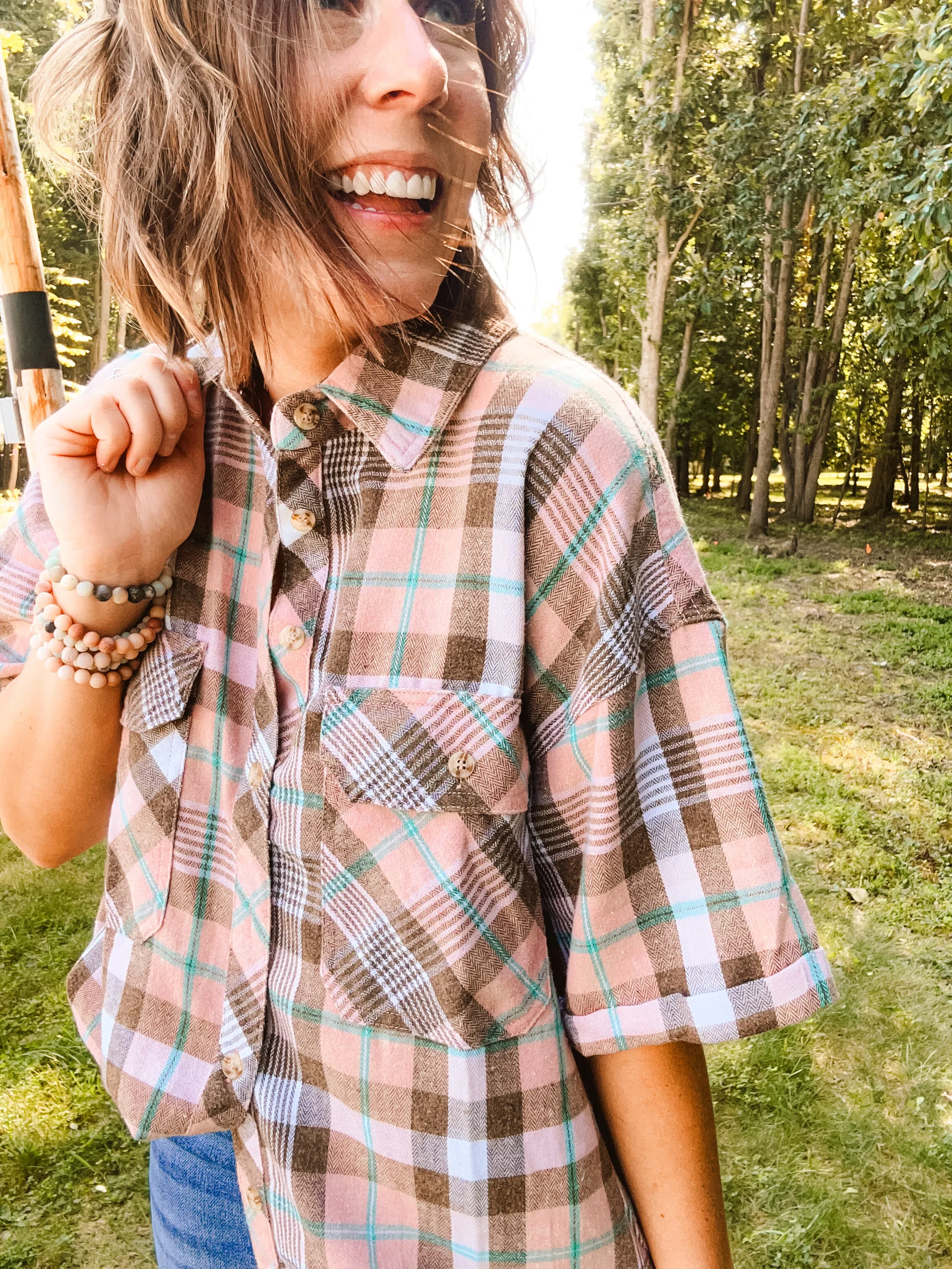 Blush Plaid Mineral Wash Button Down