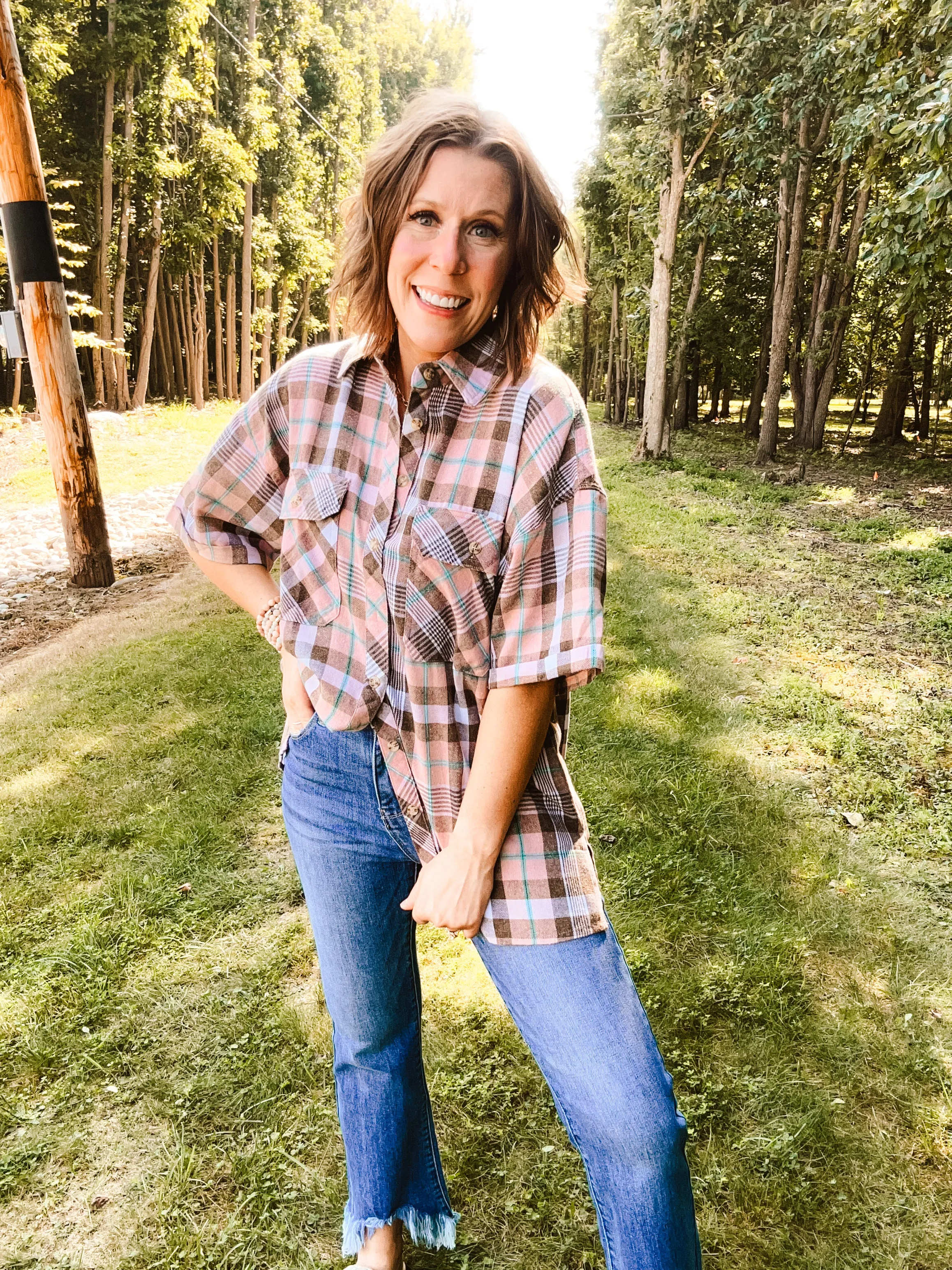Blush Plaid Mineral Wash Button Down