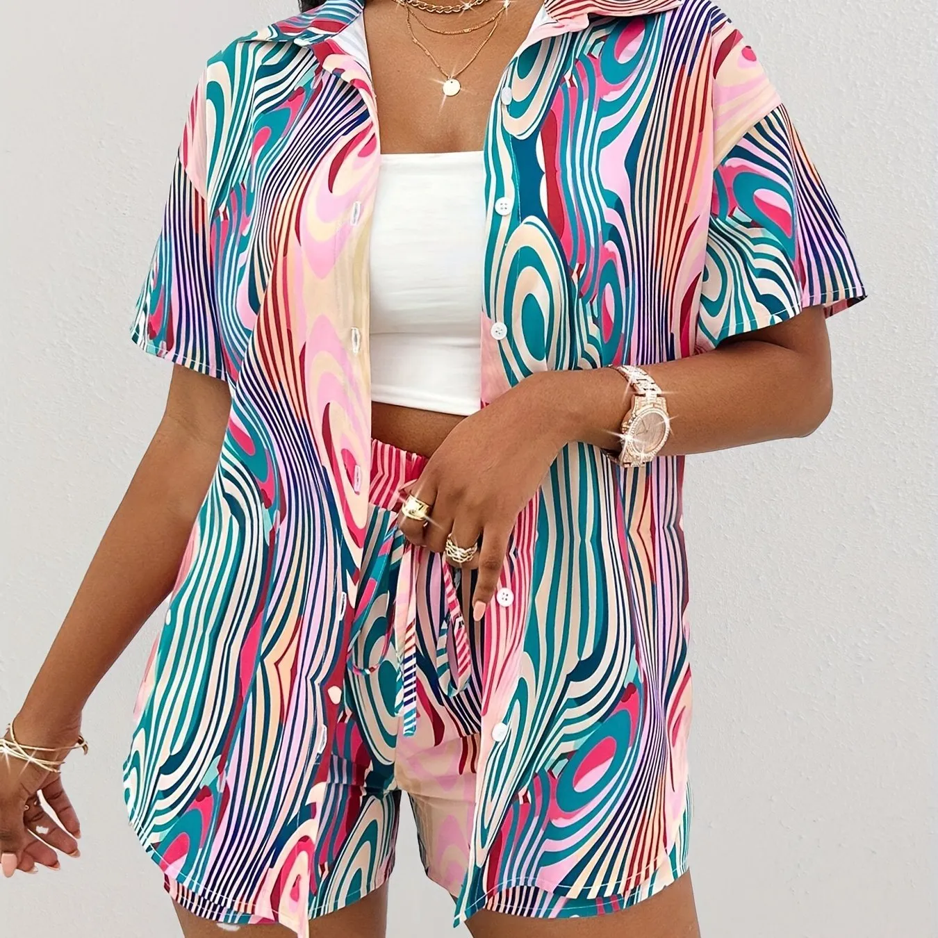Breezy Vacation Wardrobe Must-Have Womens Abstract Print Short Sleeve Blouse & Drawstring Waist Loose Shorts Outfit Set - Stylish, Comfortable, and Adjustable Two-Piece Casual Clothing for Summer Getaways
