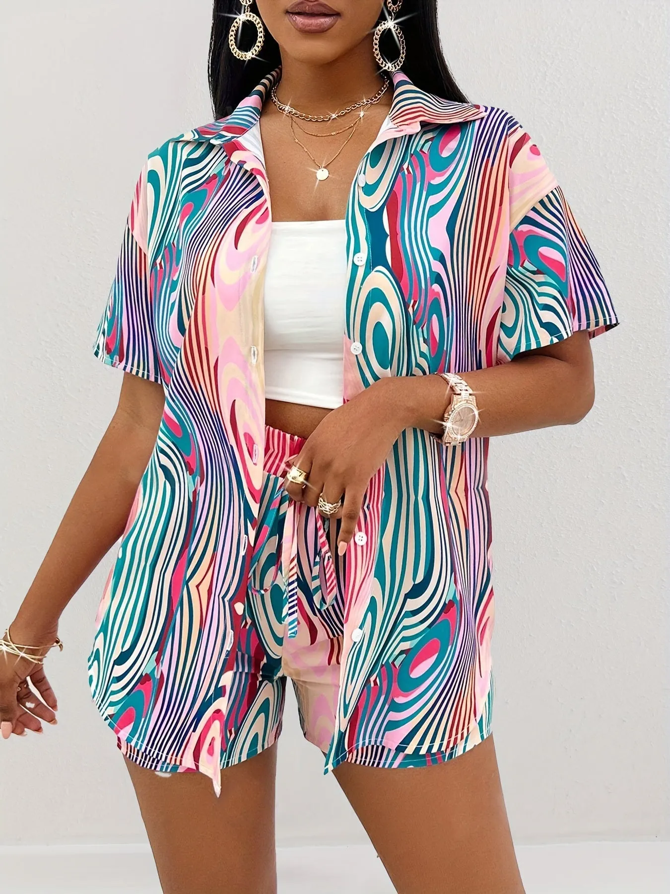 Breezy Vacation Wardrobe Must-Have Womens Abstract Print Short Sleeve Blouse & Drawstring Waist Loose Shorts Outfit Set - Stylish, Comfortable, and Adjustable Two-Piece Casual Clothing for Summer Getaways