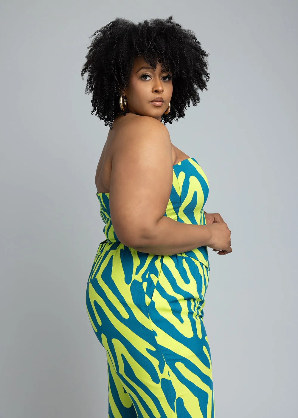 Caimile Women's African Print Stretch Corset (Lime Zebra Abstract)