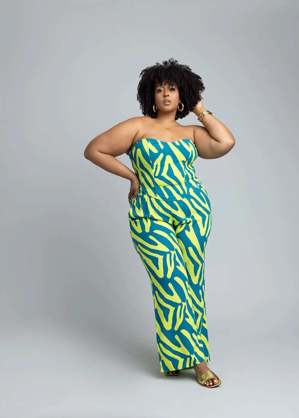 Caimile Women's African Print Stretch Corset (Lime Zebra Abstract)