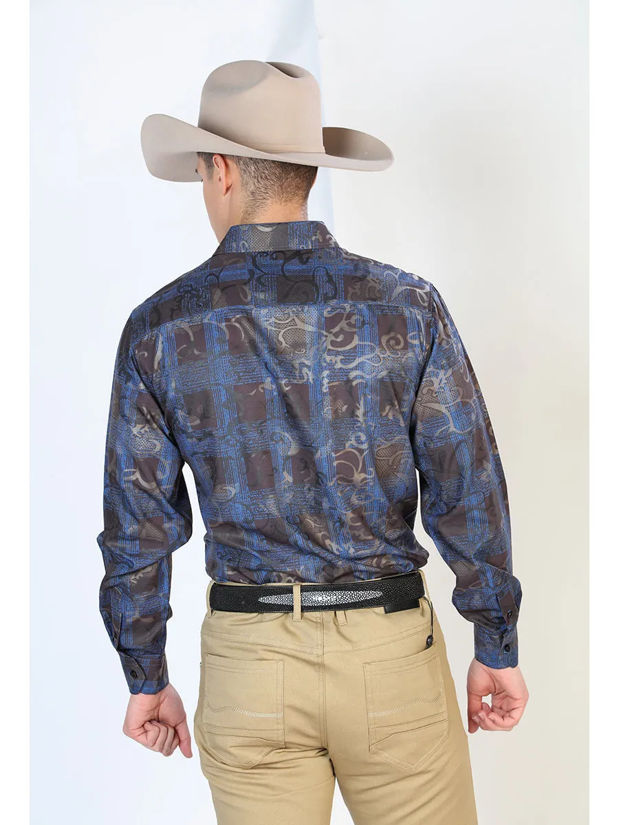 Camisa Vaquera Manga Larga Estampada Cuadros Azul/Negro para Hombre 'El Señor de los Cielos' - ID: 43866