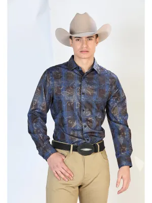 Camisa Vaquera Manga Larga Estampada Cuadros Azul/Negro para Hombre 'El Señor de los Cielos' - ID: 43866