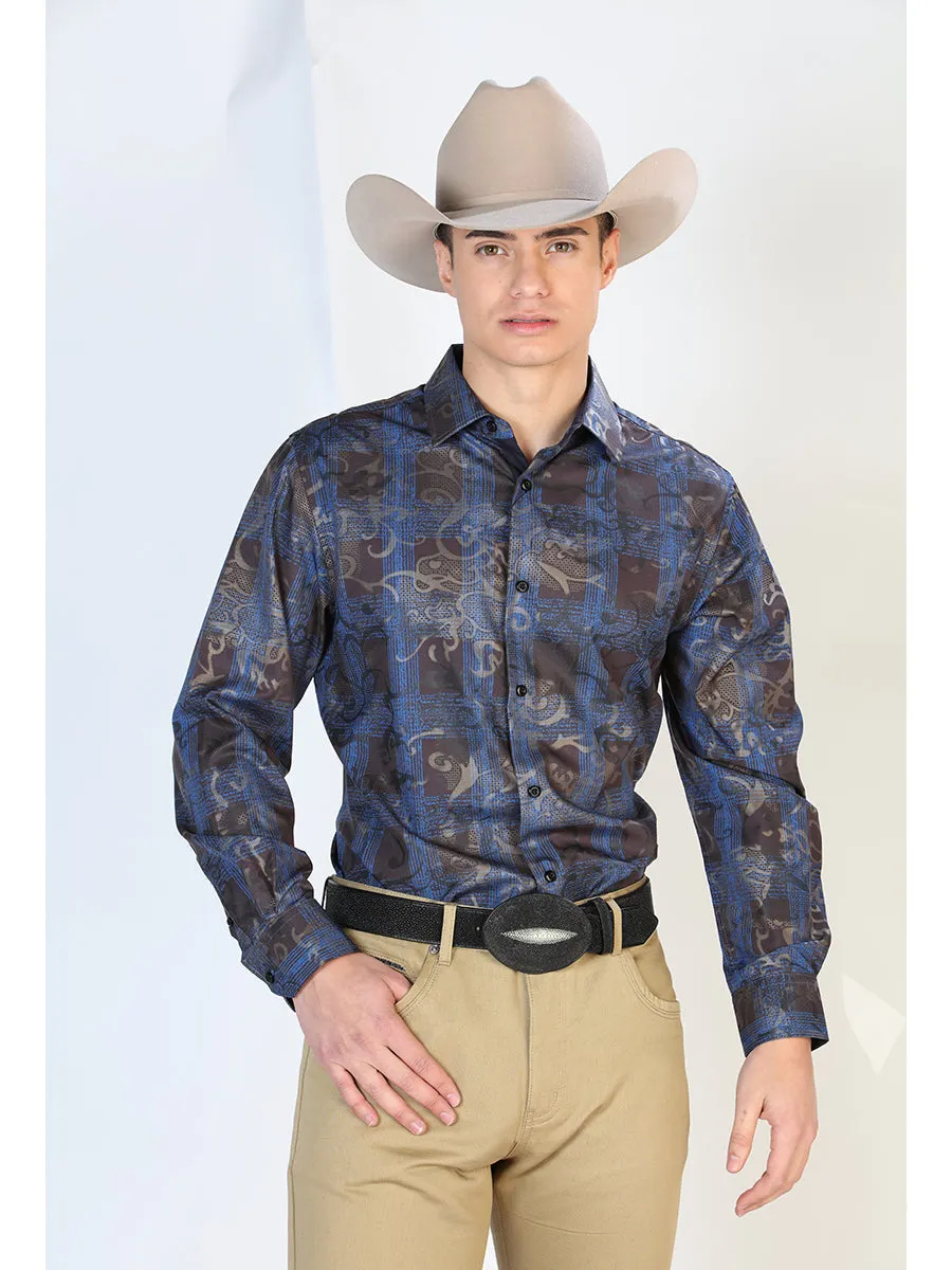 Camisa Vaquera Manga Larga Estampada Cuadros Azul/Negro para Hombre 'El Señor de los Cielos' - ID: 43866