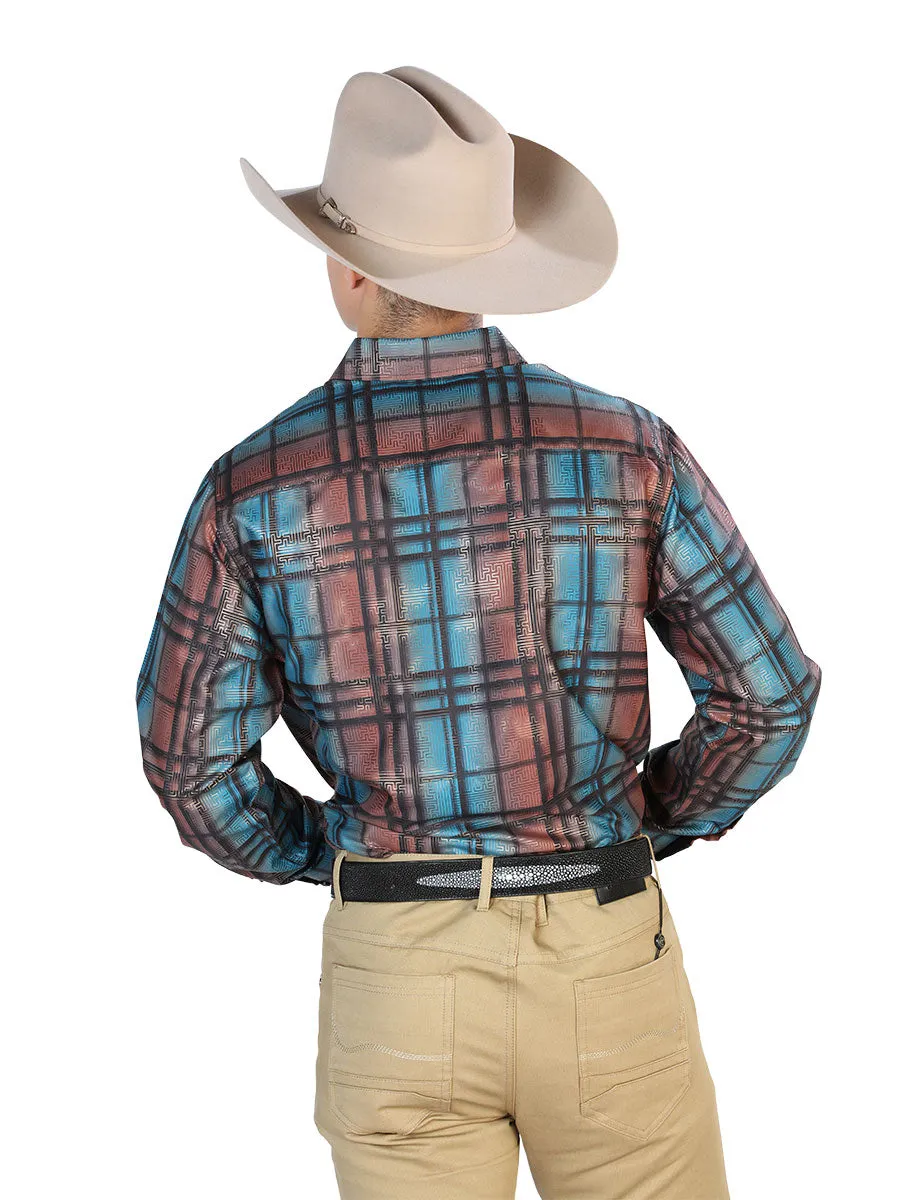 Camisa Vaquera Manga Larga Estampada Cuadros Naranja/Azul para Hombre 'El Señor de los Cielos' - ID: 43780